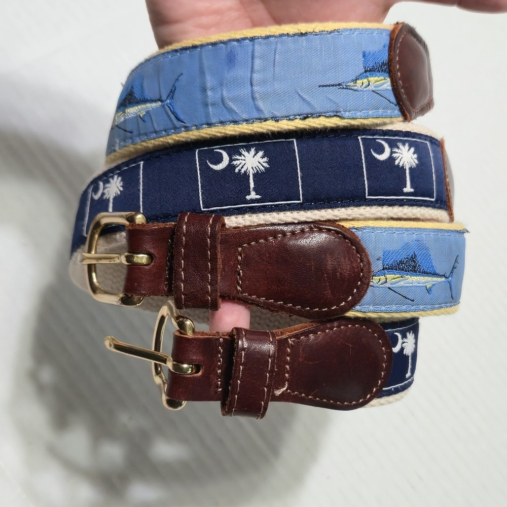 J Bailey Boys Ribbon Belt Lot Sz 20 Fish Palm Tree Leather Tabs Preppy Southern